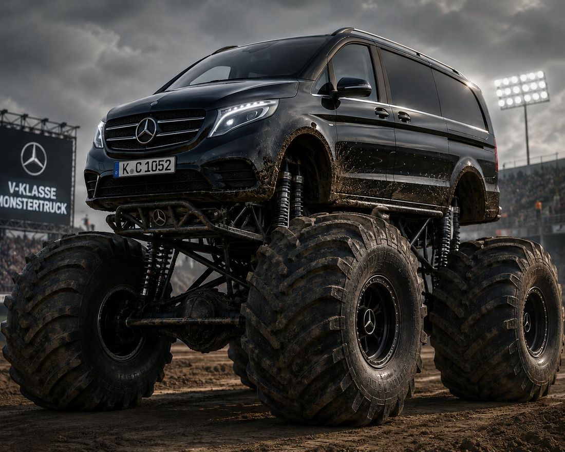 Augenzwinkern: Mercedes-Benz V-Klasse als Monstertruck – Spaßbild